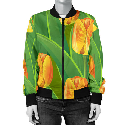 Tulip Orange Pattern Print Design TP07 Women Bomber Jacket