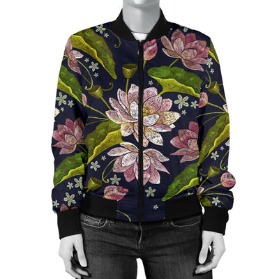 lotus Embroidered Pattern Print Design LO06 Women Bomber Jacket