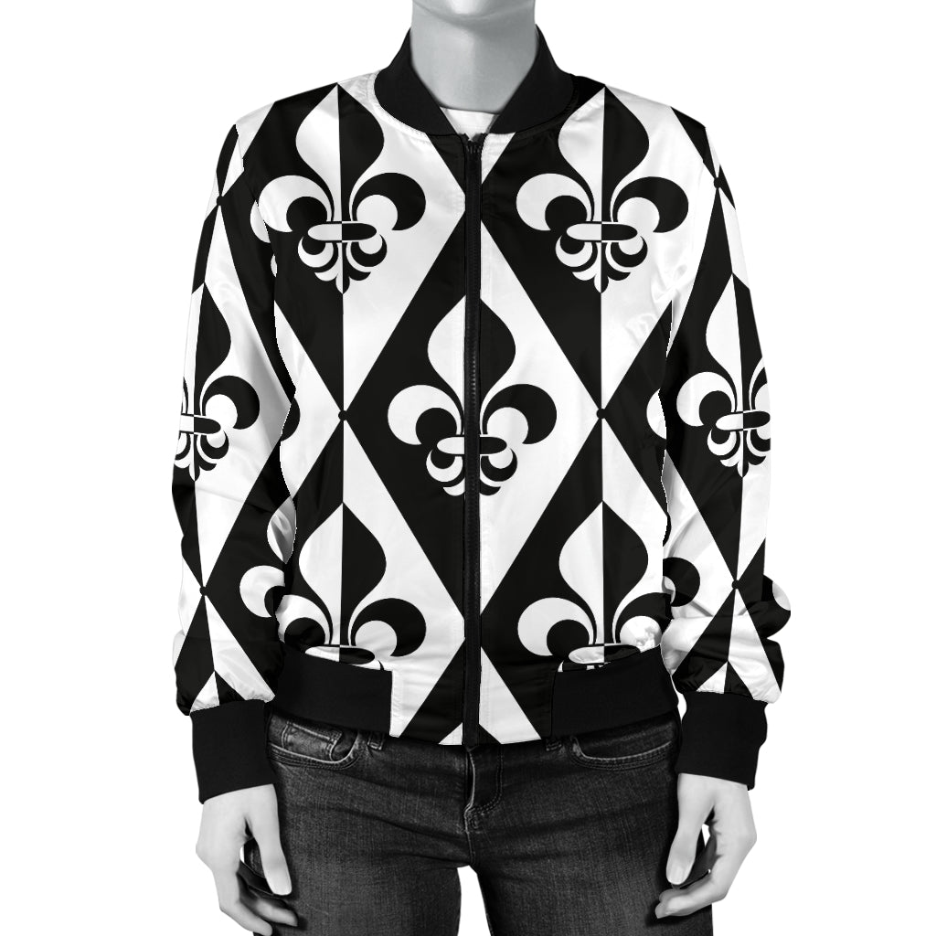 Fleur De Lis Black White Pattern Print Design 02 Women's Bomber Jacket