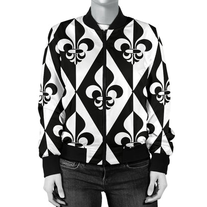Fleur De Lis Black White Pattern Print Design 02 Women's Bomber Jacket