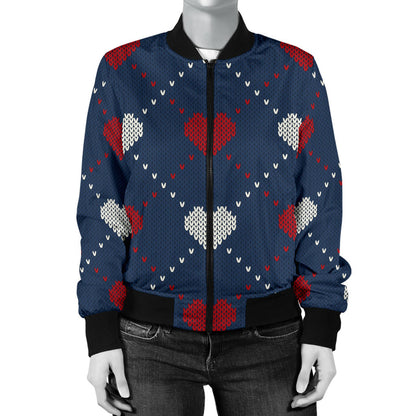 Heart Knit Pattern Print Design HE05 Women Bomber Jacket