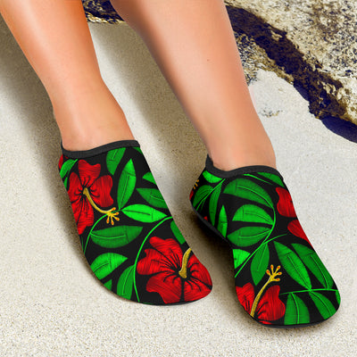 Red Hibiscus Embroidered Pattern Print Design HB032 Aqua Water Shoes