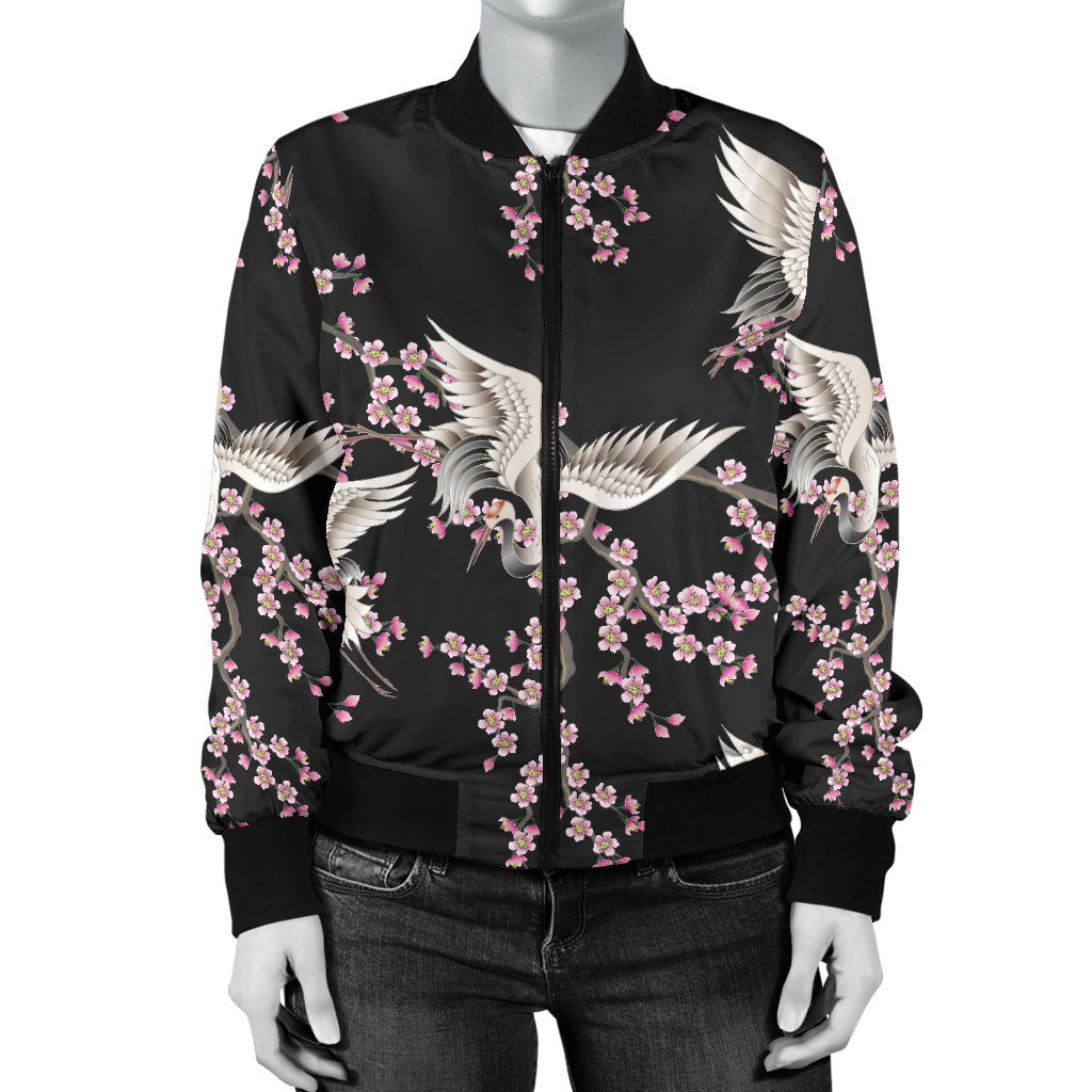Crane Pattern Print Design 01 Women's Bomber Jacket