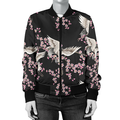 Crane Pattern Print Design 01 Women's Bomber Jacket