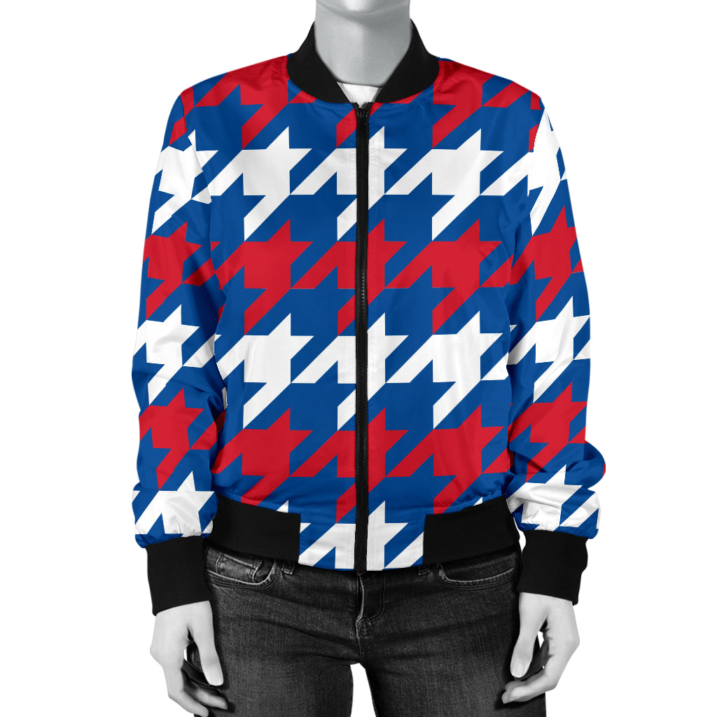 Patriotic Houndstooth Pattern Print Design A02 Women's Bomber Jacket