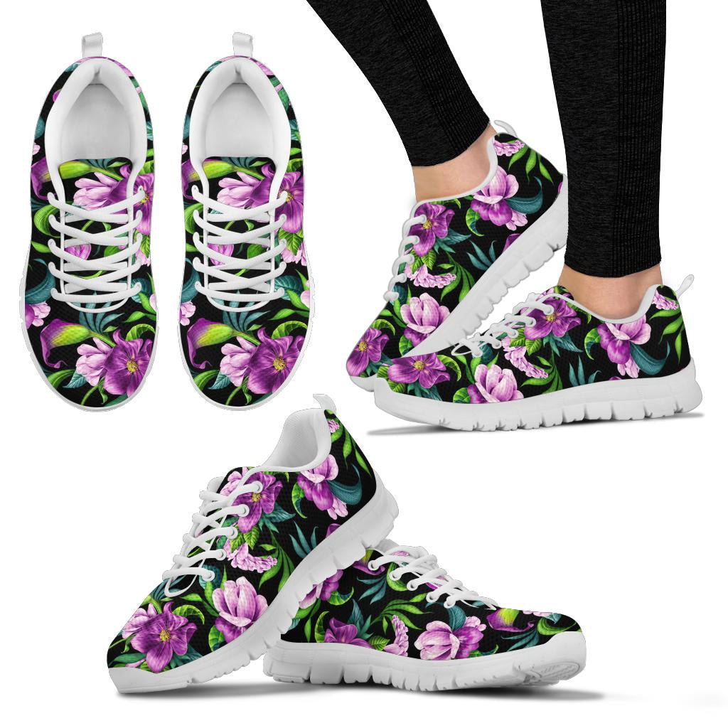 Bright Purple Floral Pattern Sneakers White Bottom Shoes