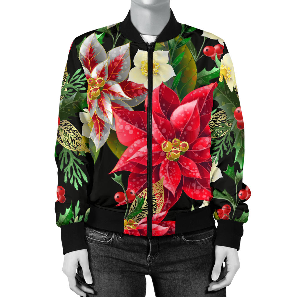 Poinsettia Pattern Print Design POT05 Women Bomber Jacket