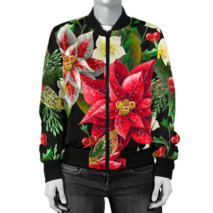 Poinsettia Pattern Print Design POT05 Women Bomber Jacket