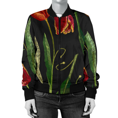 Tulip Embroidered Pattern Print Design TP01 Women Bomber Jacket