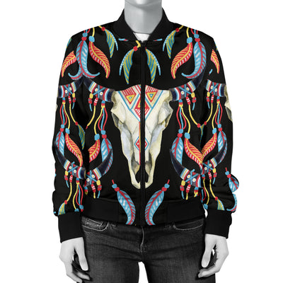 Buffalo Head Boho Style Pattern Print Design 01 Women's Bomber Jacket