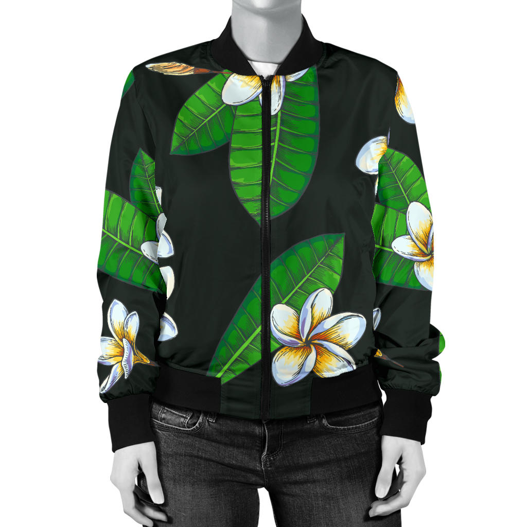 White Plumeria Pattern Print Design PM023 Women Bomber Jacket