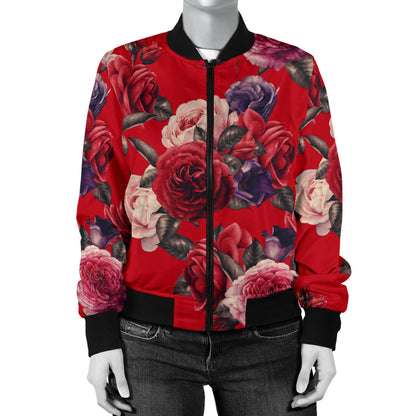 Rose Red Pattern Print Design RO07 Women Bomber Jacket
