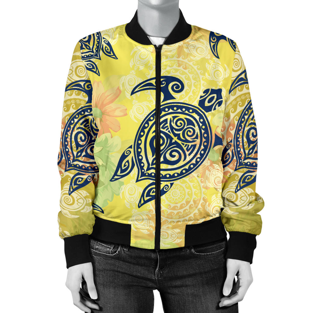 Hawaiian Turtle Tribal Design Print Women Bomber Jacket