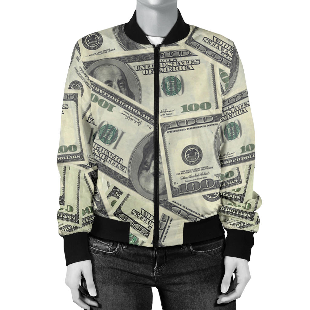 Dollar Pattern Print Design DO02 Women Bomber Jacket