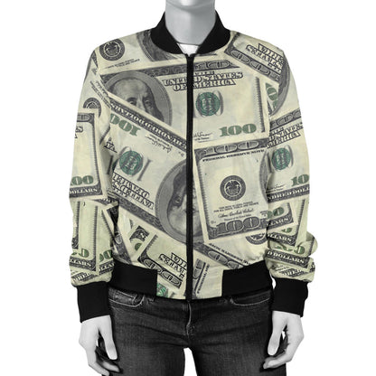 Dollar Pattern Print Design DO02 Women Bomber Jacket