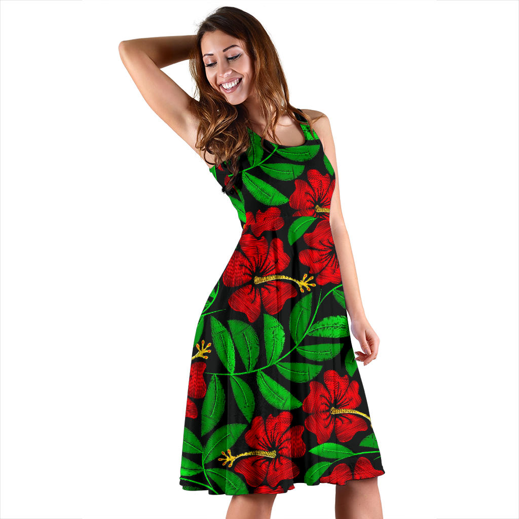 Red Hibiscus Embroidered Pattern Print Design HB032 Midi Dress
