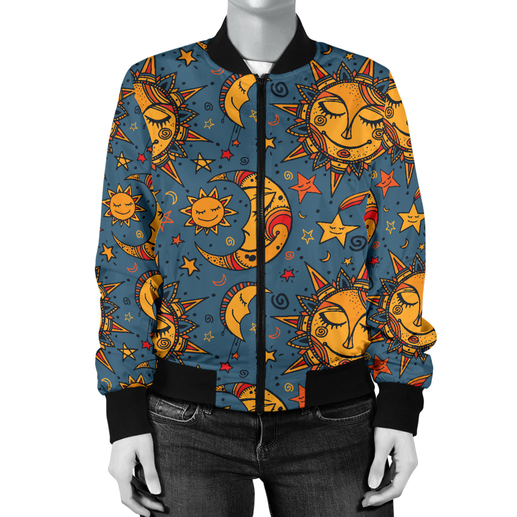 Celestial Moon Sun Pattern Print Design 02 Women's Bomber Jacket
