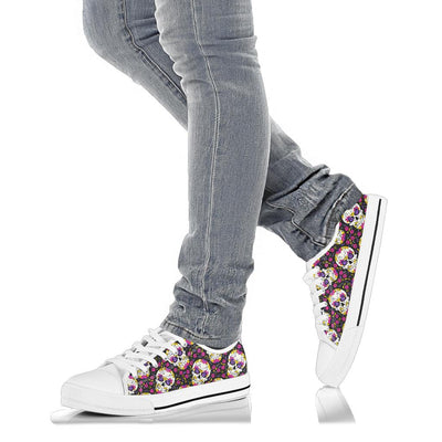 sugar skull Floral Pattern White Bottom Low Top Shoes