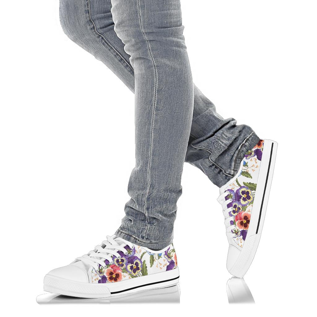 Pansy Pattern Print Design PS06 White Bottom Low Top Shoes