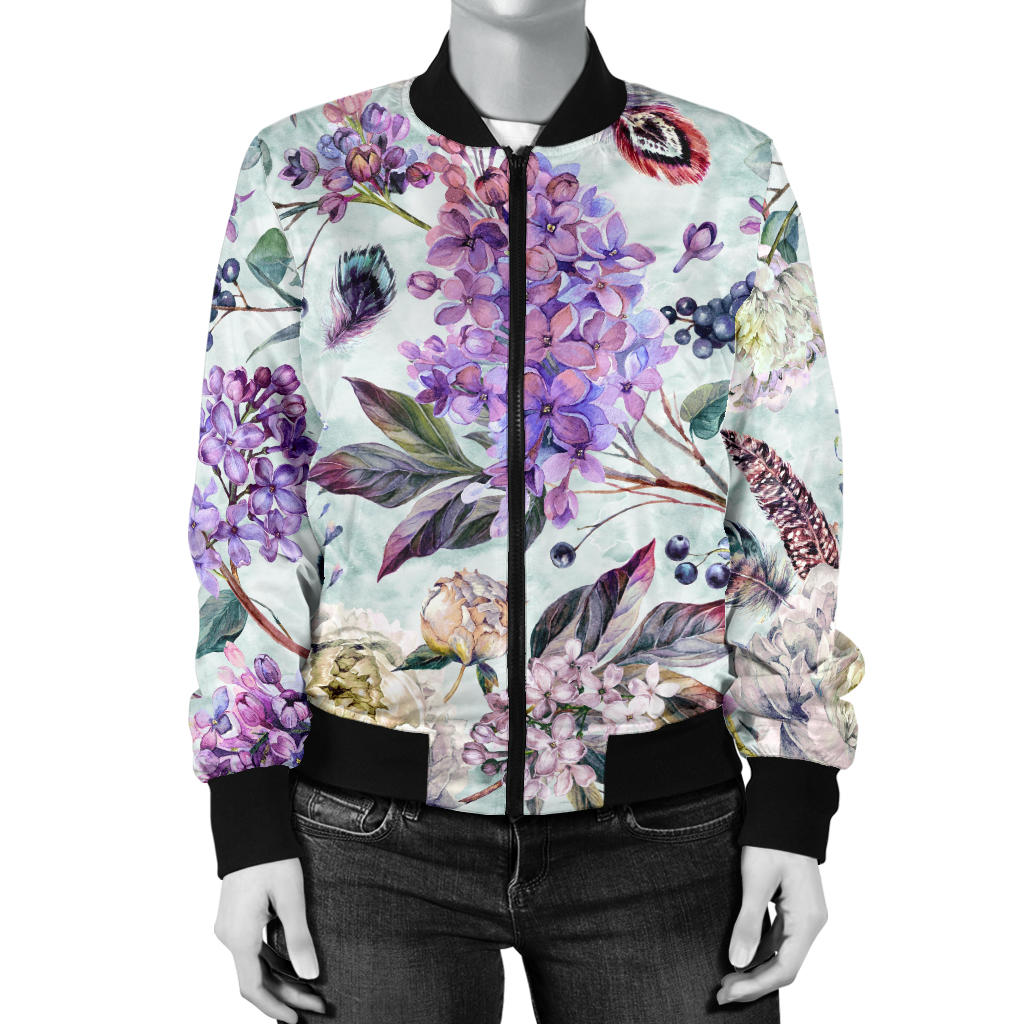 Lilac Pattern Print Design LI06 Women Bomber Jacket