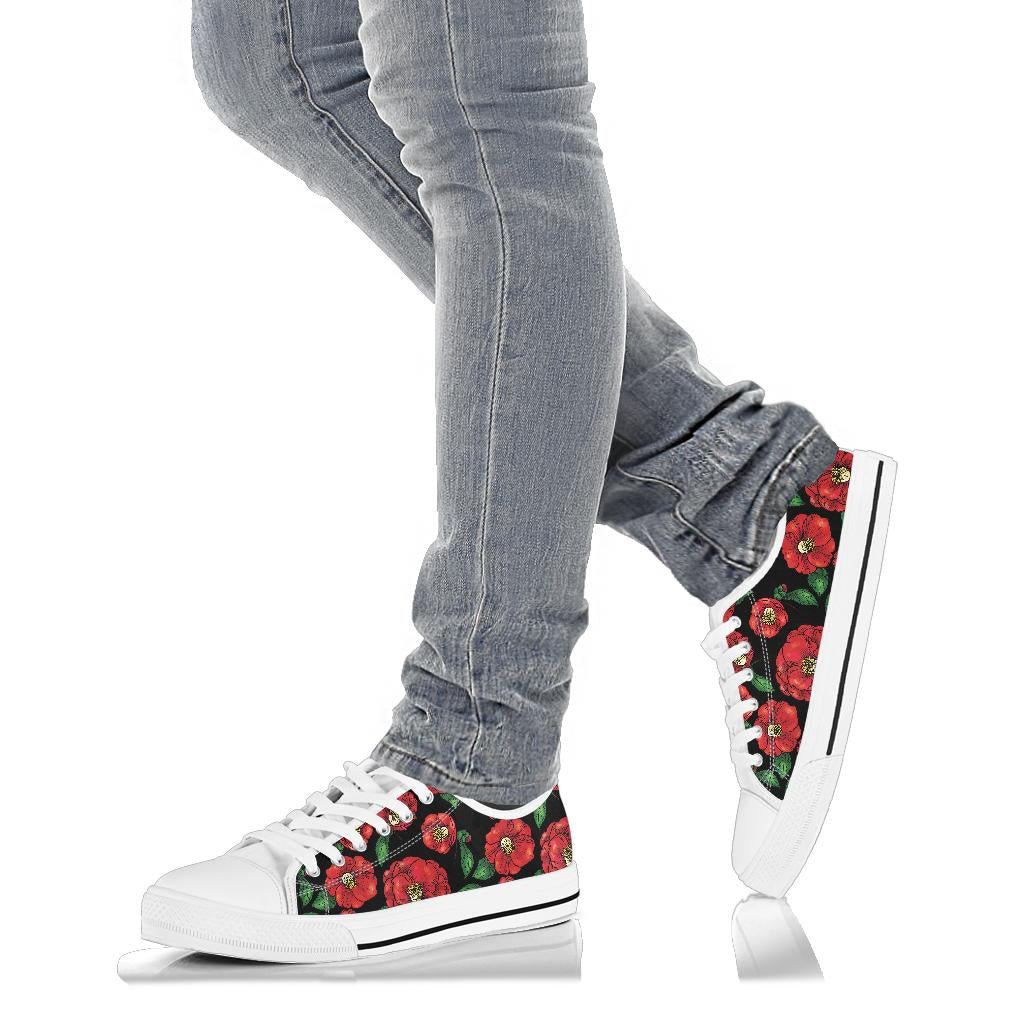 Camellia Pattern Print Design CM07 White Bottom Low Top Shoes
