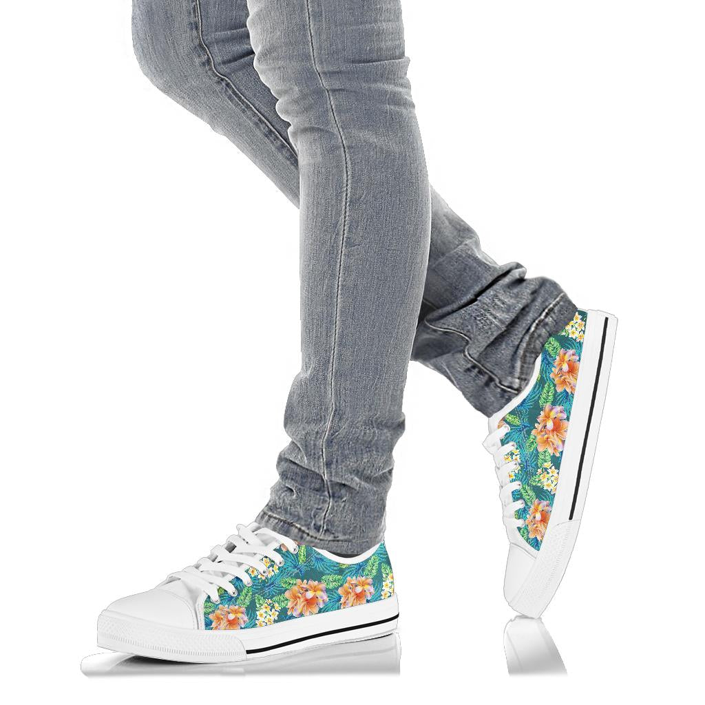 Plumeria Tropical Flower Design Print White Bottom Low Top Shoes