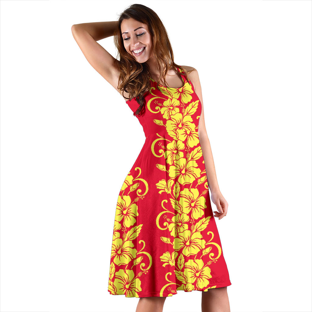 Orange Hibiscus Pattern Print Design HB018 Midi Dress