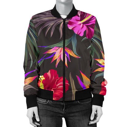 Hibiscus Pattern Print Design HB014 Women Bomber Jacket