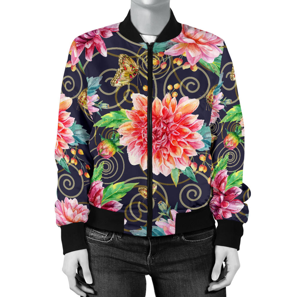 Dahlia Pattern Print Design DH02 Women Bomber Jacket