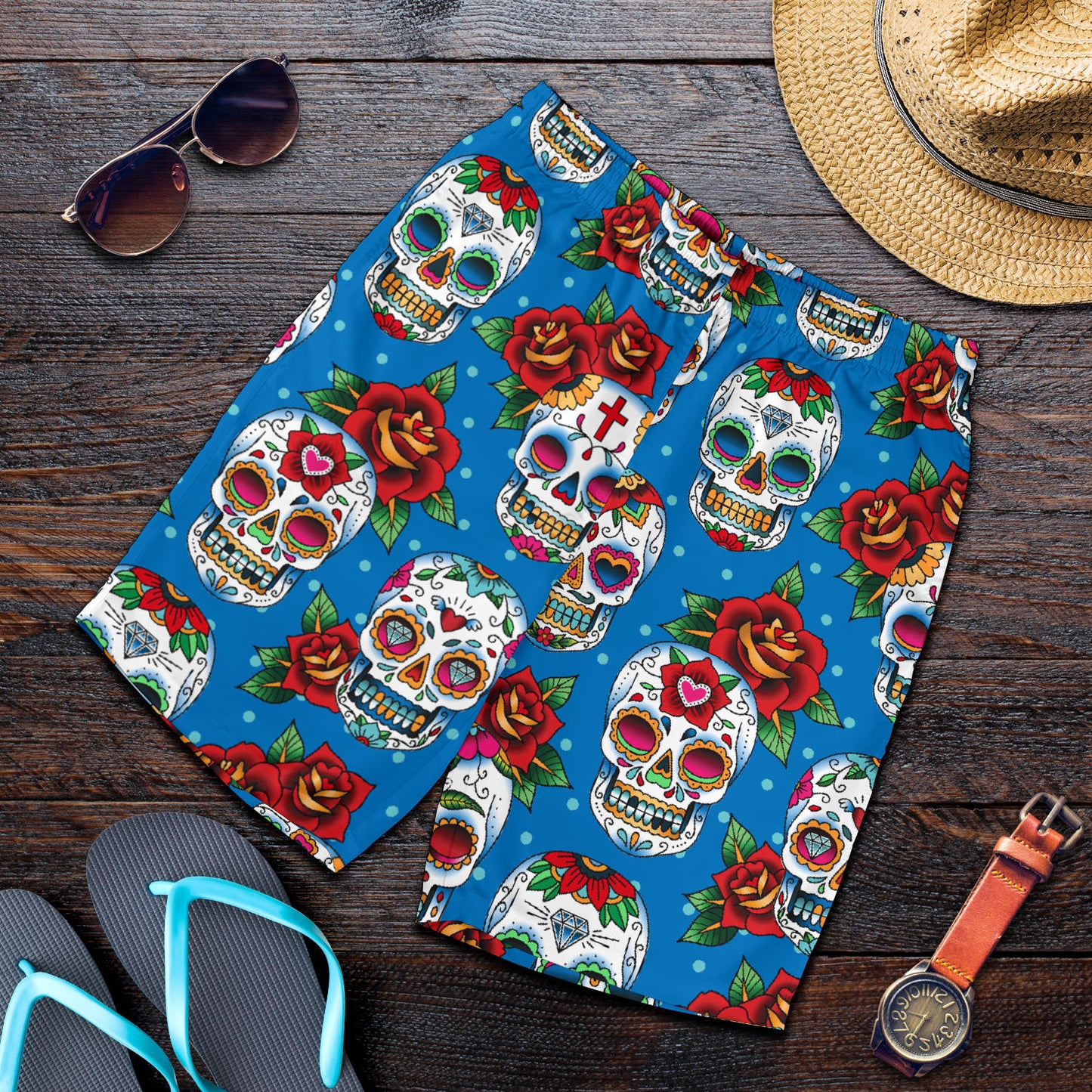Sugar Skull Rose Pattern Mens Shorts