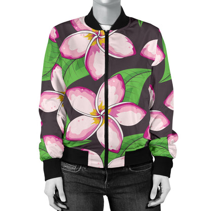 Pink Plumeria Pattern Print Design PM019 Women Bomber Jacket