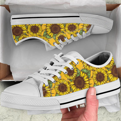 Sunflower Pattern Print Design SF04 White Bottom Low Top Shoes