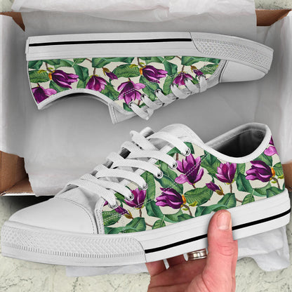 Magnolia Pattern Print Design MAG07 White Bottom Low Top Shoes