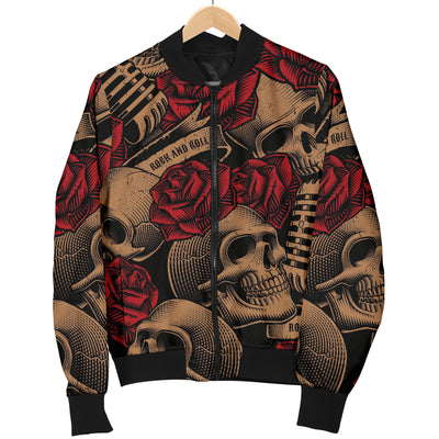 Microphone Skull Rose Pattern Print Design 02 Women's Bomber Jacket