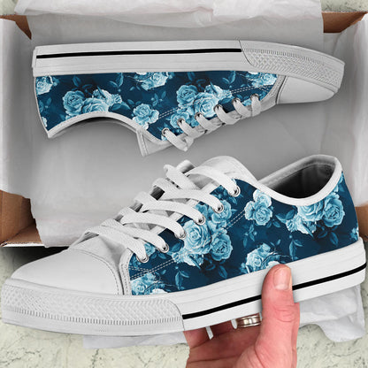 Rose Blue Pattern Print Design RO014 White Bottom Low Top Shoes