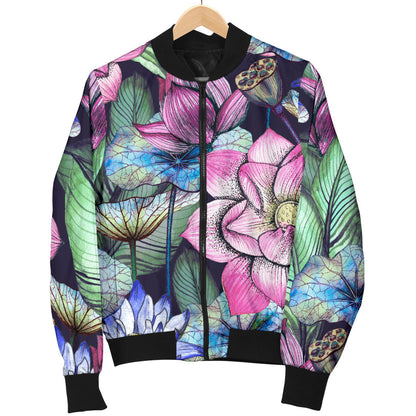 Water Lily Pattern Print Design WL07 Women Bomber Jacket