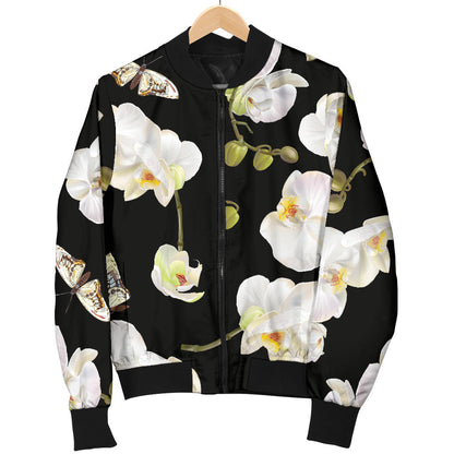 Orchid White Pattern Print Design OR011 Women Bomber Jacket