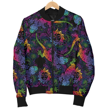 Gecko Rainbow Pattern Print Design 03 Women's Bomber Jacket