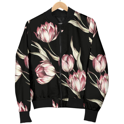 Tulip Pink Pattern Print Design TP02 Women Bomber Jacket