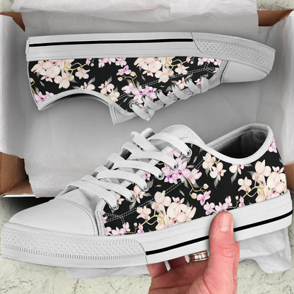 Orchid White Pattern Print Design OR03 White Bottom Low Top Shoes
