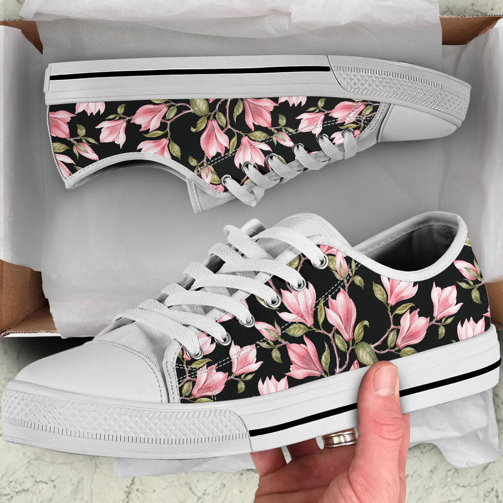 Magnolia Pattern Print Design MAG03 White Bottom Low Top Shoes