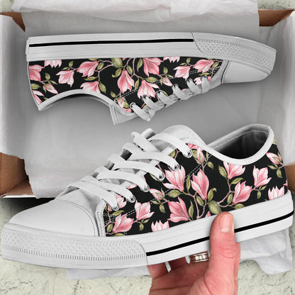 Magnolia Pattern Print Design MAG03 White Bottom Low Top Shoes