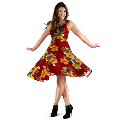Orange Hibiscus Pattern Print Design HB026 Midi Dress