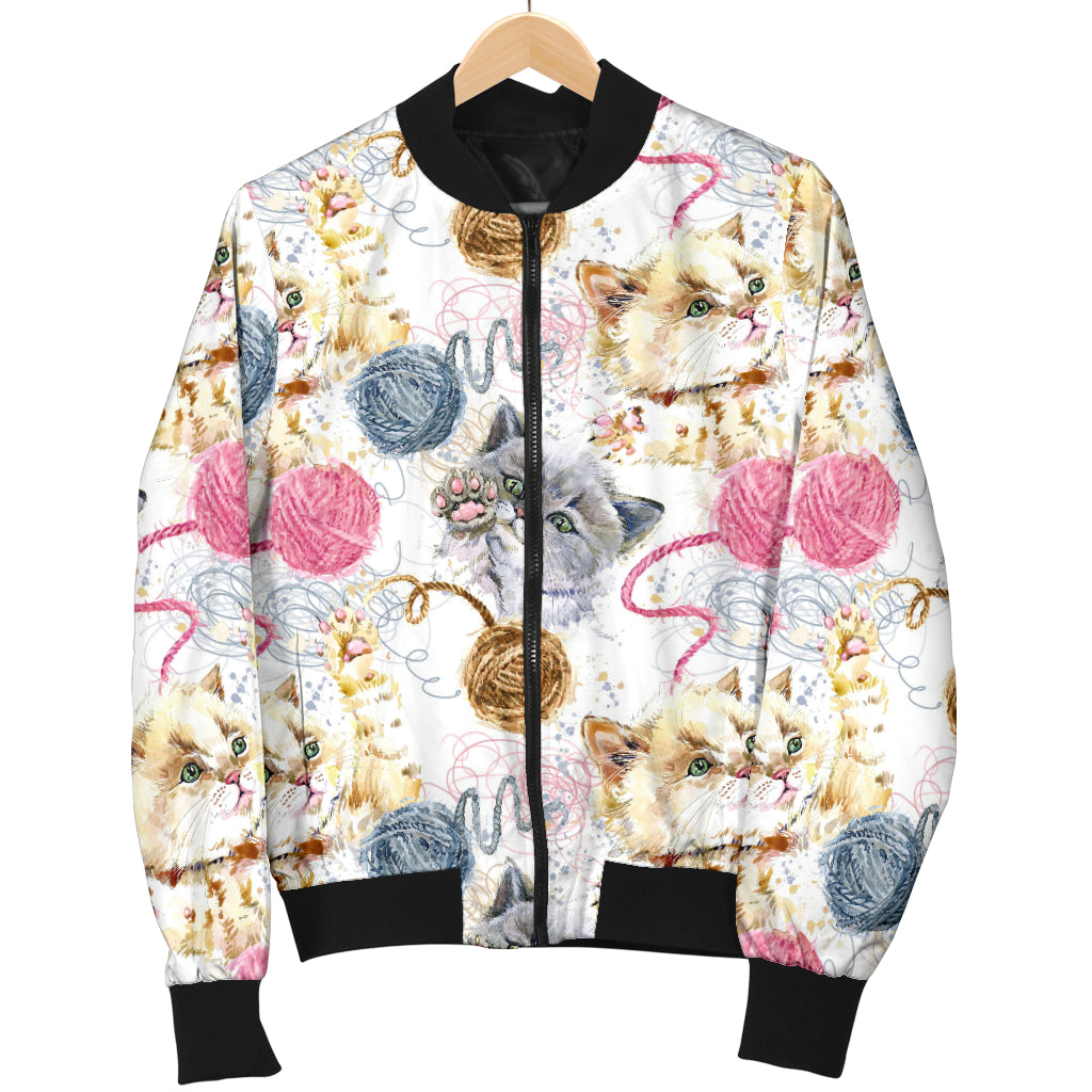 Cat Playing Yarn Pattern Print Design 07 Women's Bomber Jacket