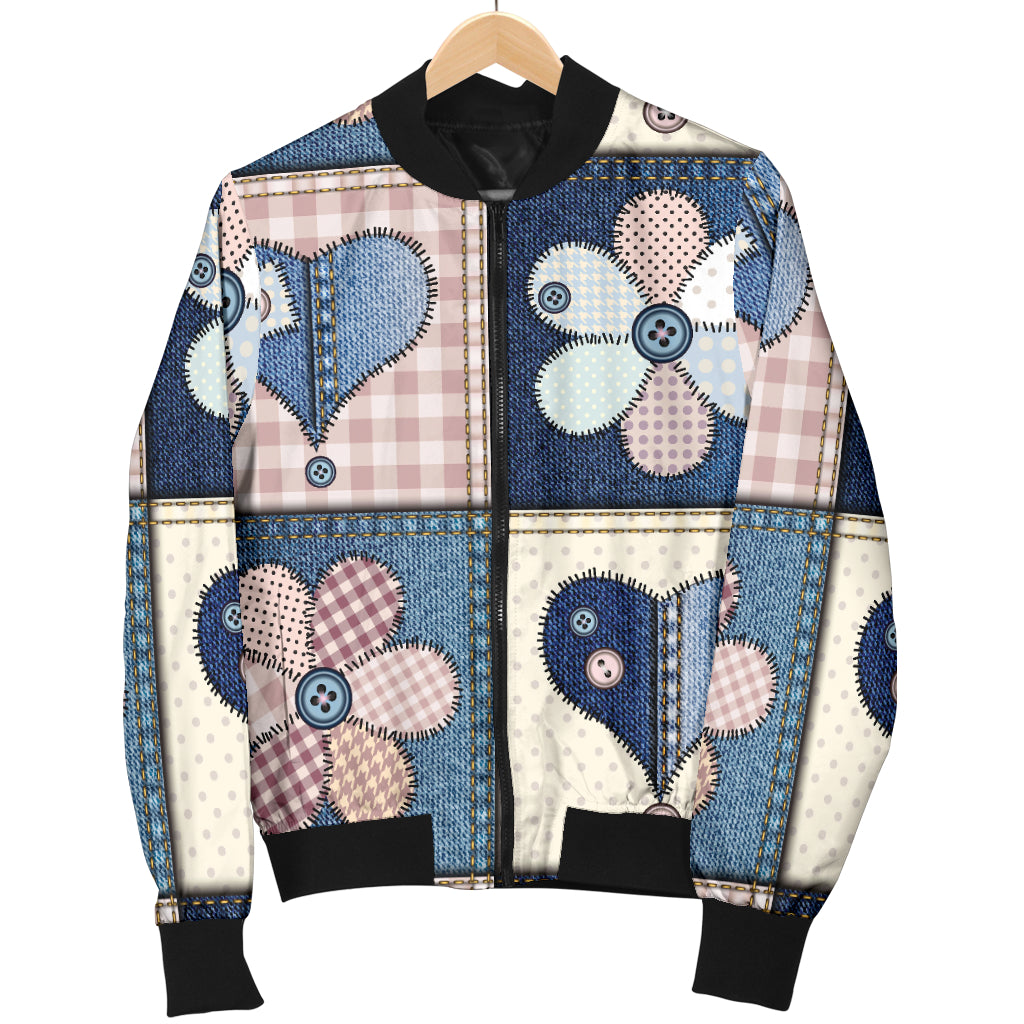 Patchwork Heart Flower Pattern Print Design 01 Women's Bomber Jacket