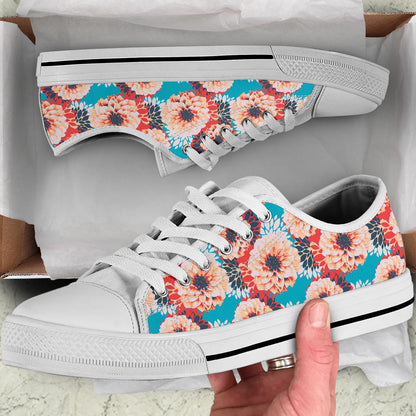 Dahlia Pattern Print Design DH05 White Bottom Low Top Shoes