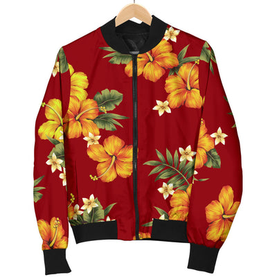 Orange Hibiscus Pattern Print Design HB026 Women Bomber Jacket