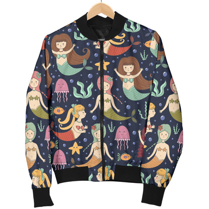 Mermaid Cartoon Pattern Print Design 03 Women's Bomber Jacket