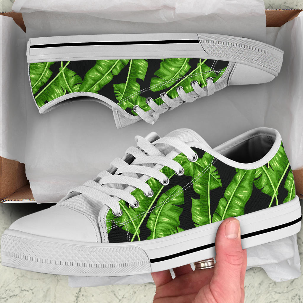 Banana Leaf Pattern Print Design BL01 White Bottom Low Top Shoes
