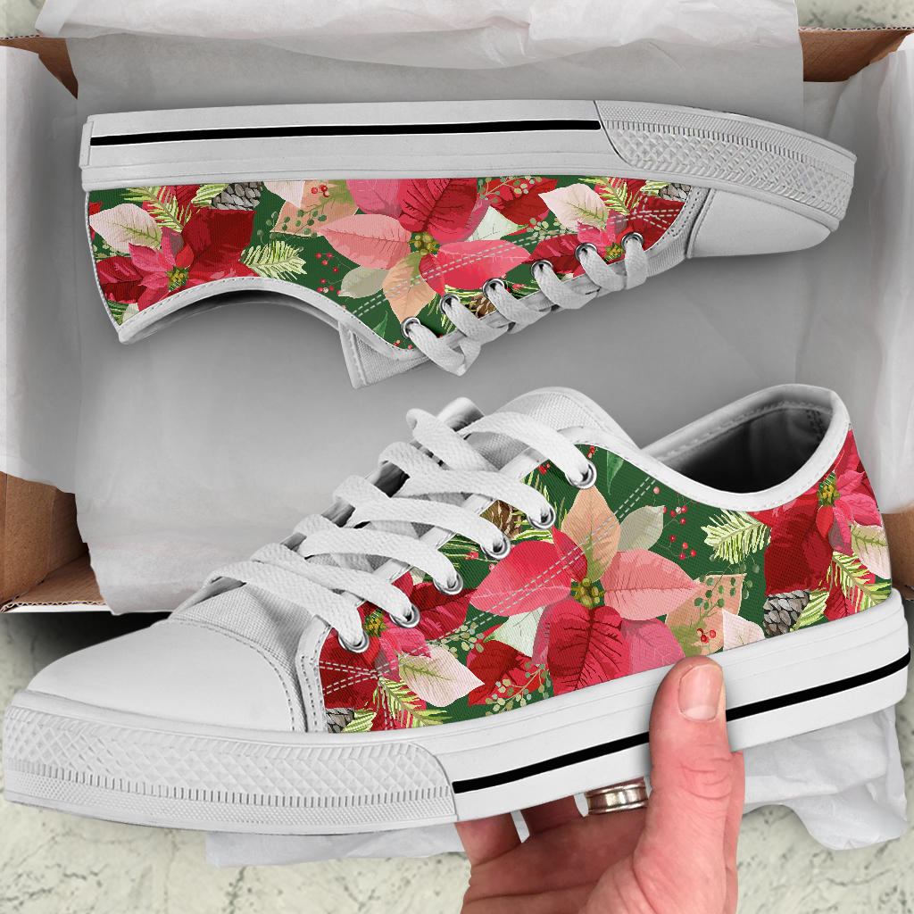 Poinsettia Pattern Print Design POT03 White Bottom Low Top Shoes